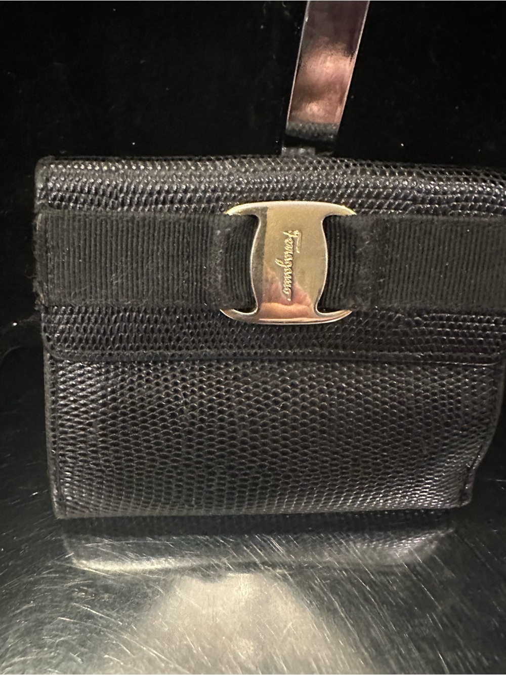 Salvatore Ferragamo #238 Black Vara Ribbon Leather Compact Wallet